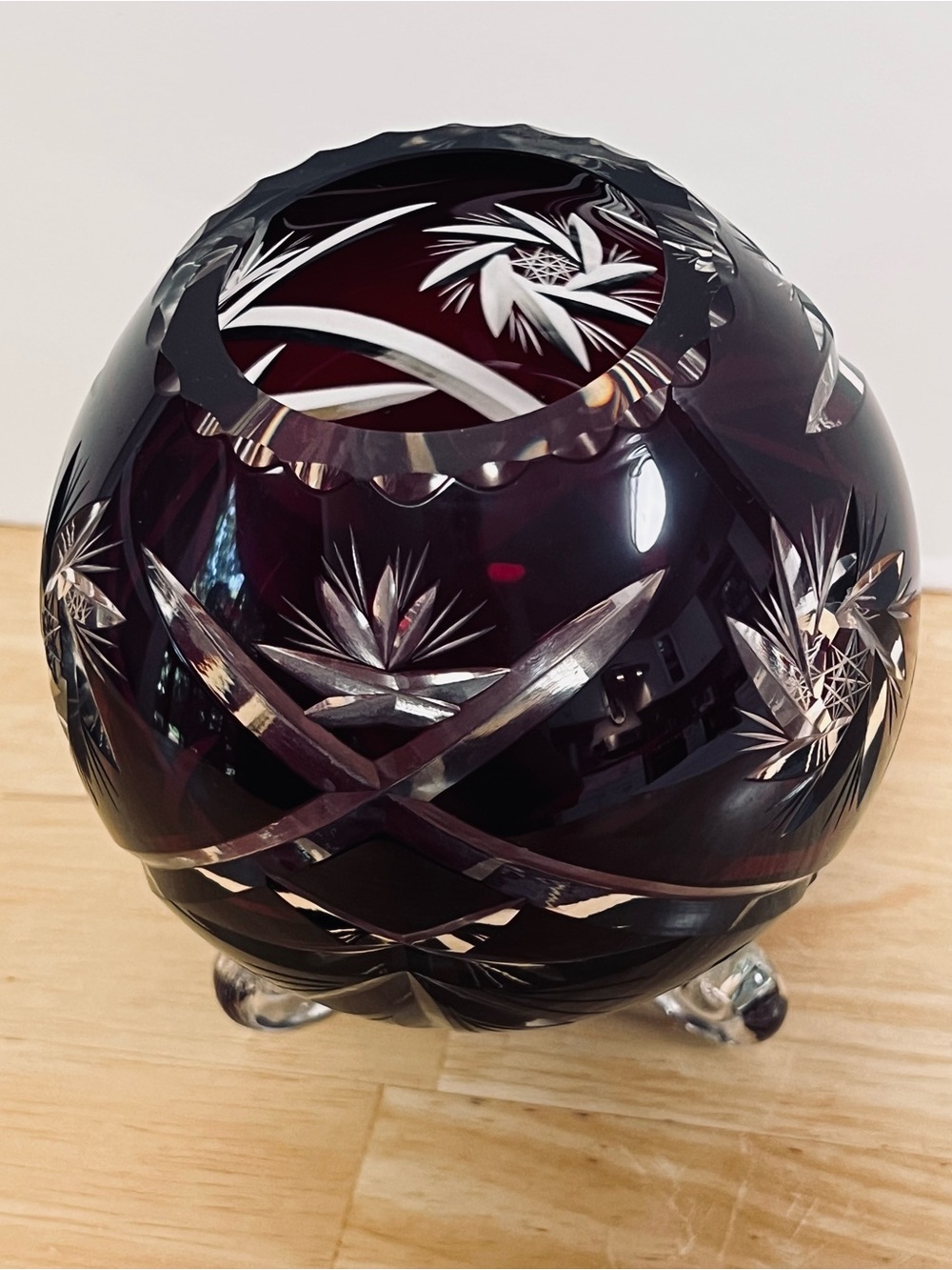 Vintage Bohemian Czech Cranberry Cut To Clear Crystal Rose Bowl Vase 5” - Picture 7 of 8